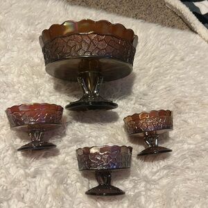 Antique Dugan 4Pc Blue Carnival Glass Maple Leaf Berry Dessert Bowl Set